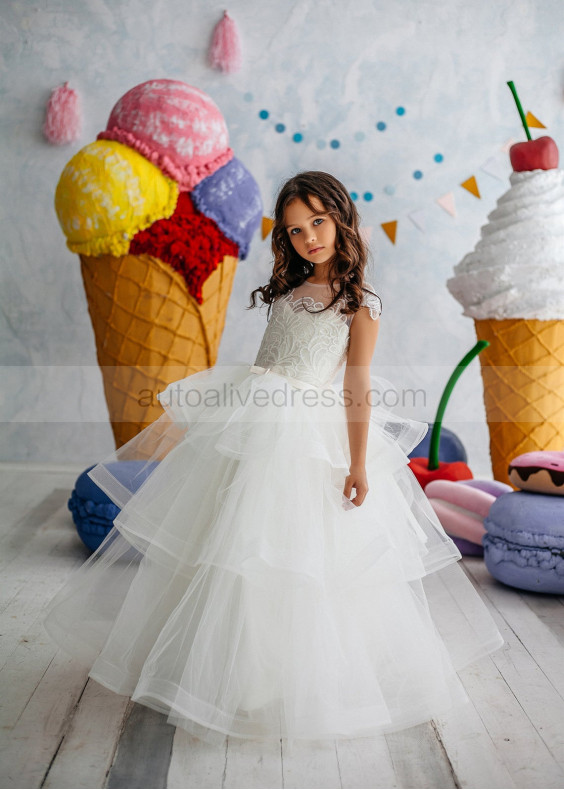 Ivory Lace Tulle Tiered Cupcake Long Flower Girl Dress